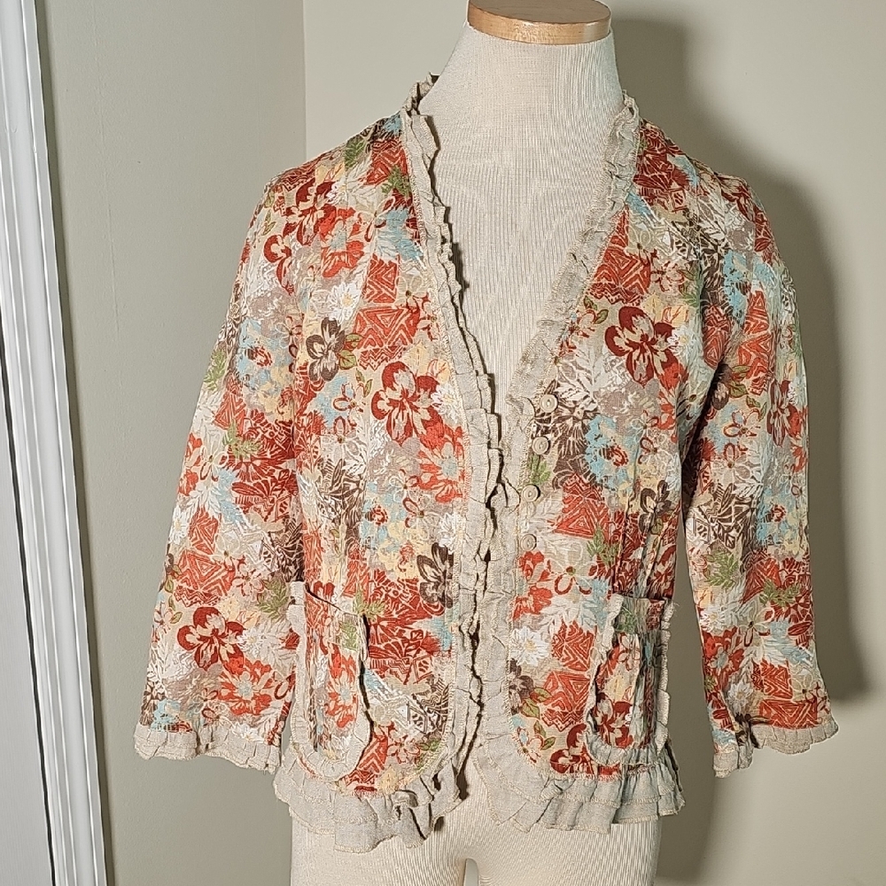 Freda‎ Collection Floral Patterned Jacket with Ruffle Trim NWT fall Colors Linen
